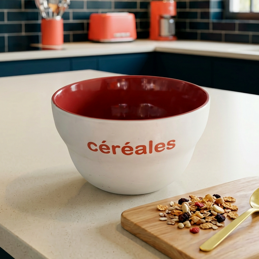 Céréales bowl on a kitchen counter with cereal and a spoon.