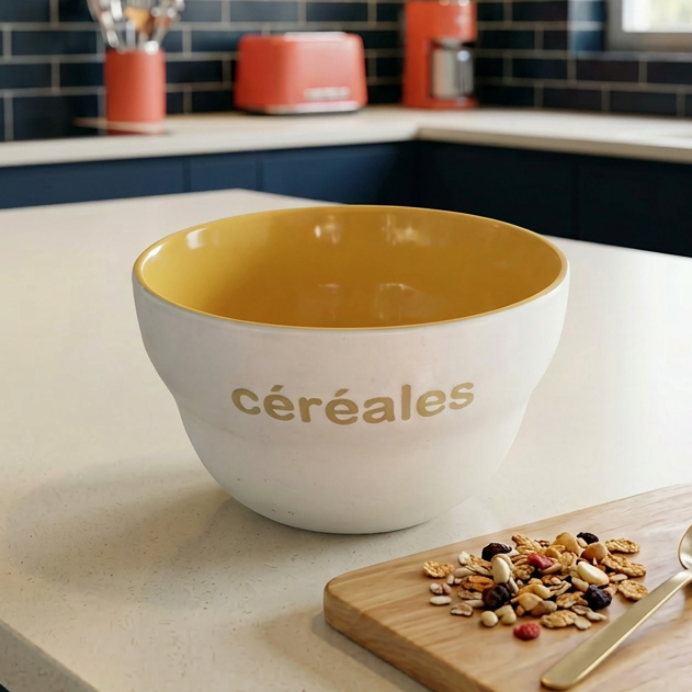 Kitchen counter with a bowl labeled 'Céréales', a wooden board with cereal, and a spoon.