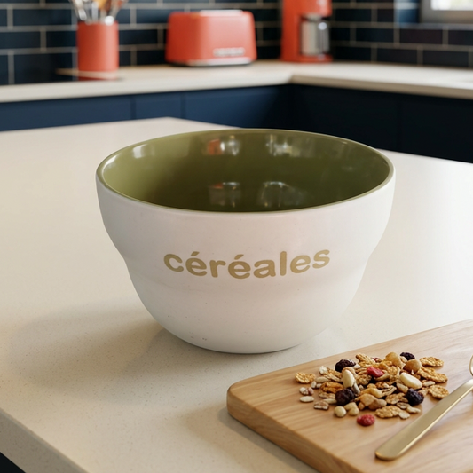 Céréales bowl on a kitchen counter with cereal and a spoon.