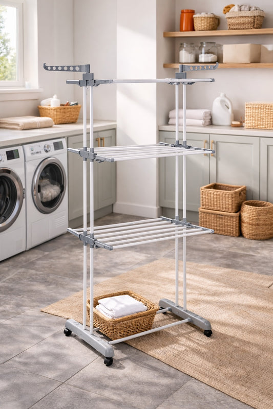 Clothing rack with baskets in a laundry room