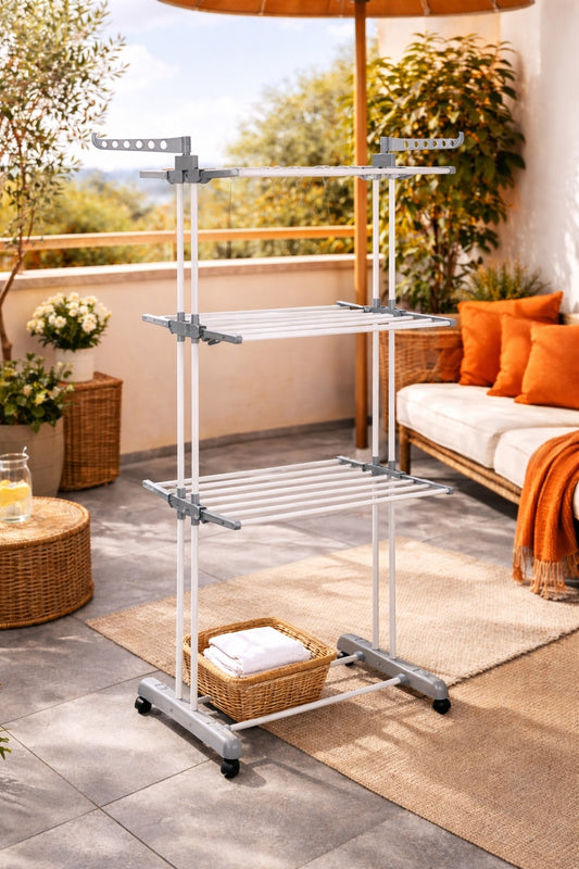 3-Tier Folding Clothes Drying Rack with Wheels – Adjustable & Space Saving