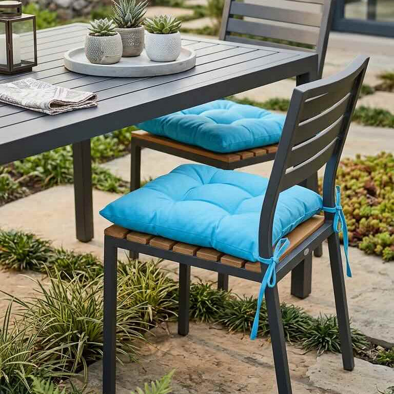 Outdoor dining table with chairs and blue cushions in a garden setting