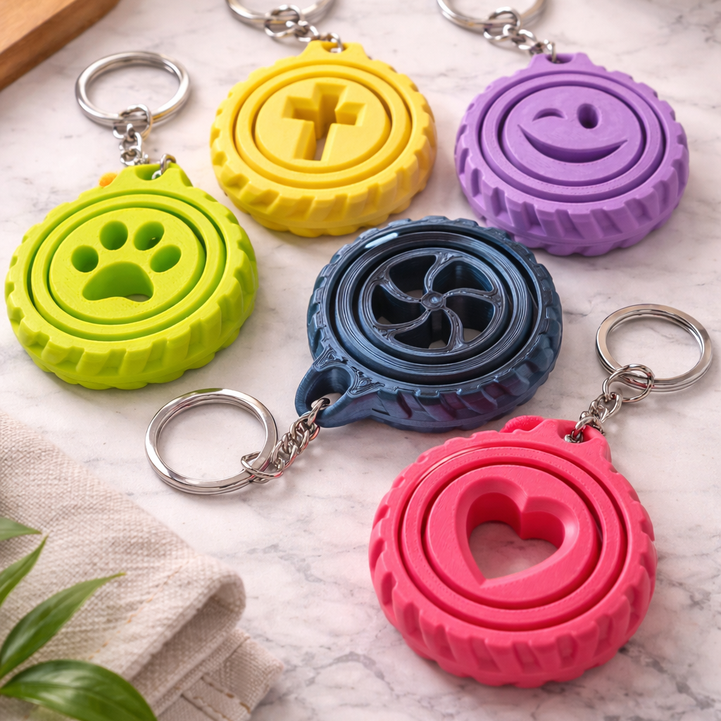 Colorful keychains with various designs on a marble surface