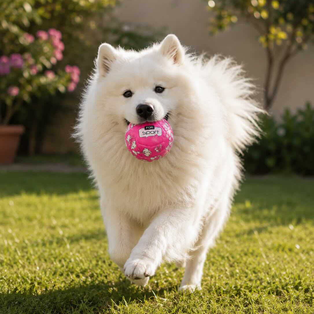 White dog running on grass with a pink ball in its mouth