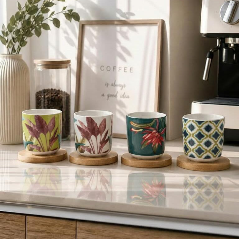 Coffee Cup with Bamboo Saucer – Modern Minimalist 4 Pcs Espresso Set - 100ml