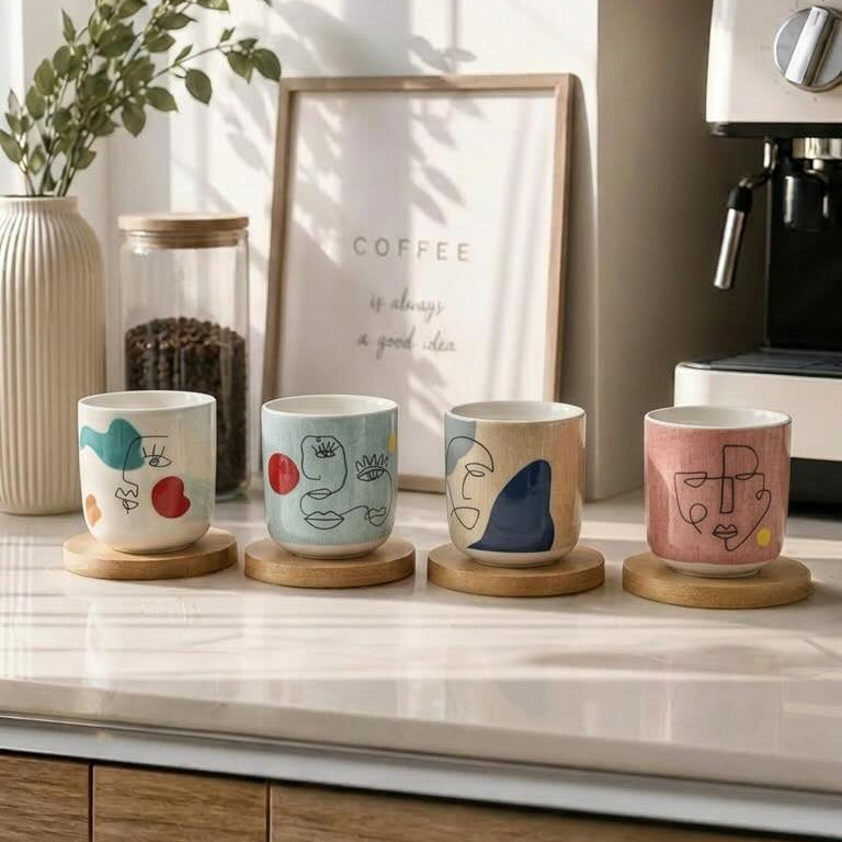 Coffee Cup with Bamboo Saucer – Modern Minimalist 4 Pcs Espresso Set - 100ml