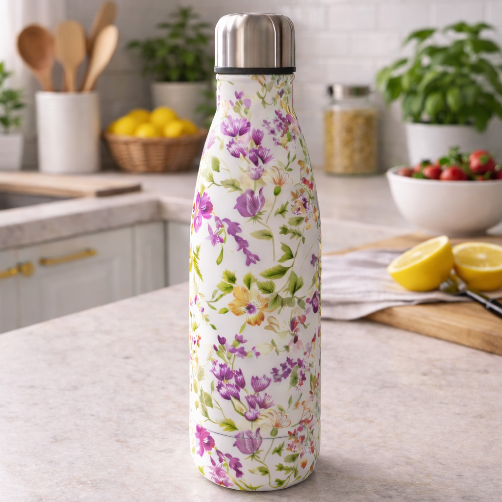 Floral-patterned water bottle on a kitchen counter