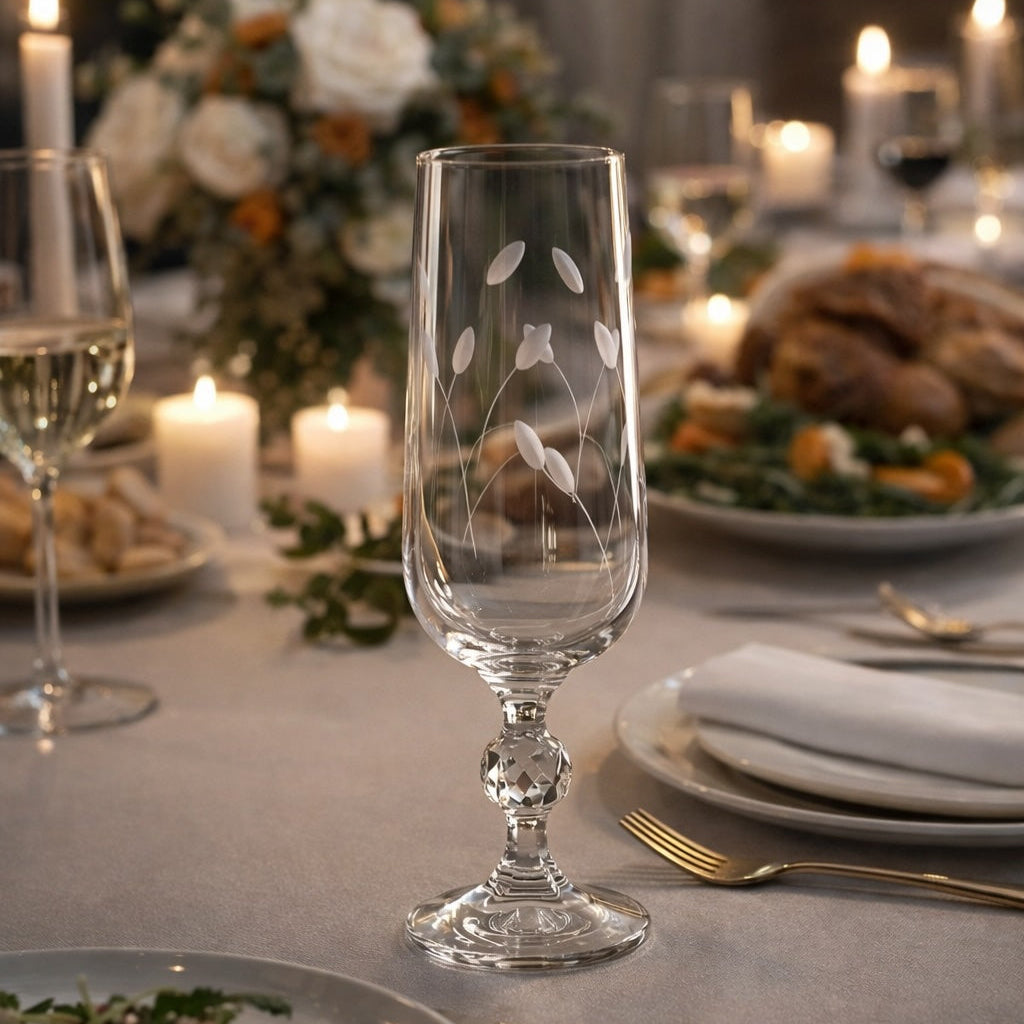 Dining table set for a meal with a glass featuring floral etching.
