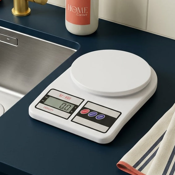 Kitchen counter with sink, gold faucet, digital scale, and soap dispenser.