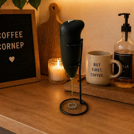 Coffee-themed decor with a coffee corner sign, coffee beans, and coffee-themed items on a wooden shelf.