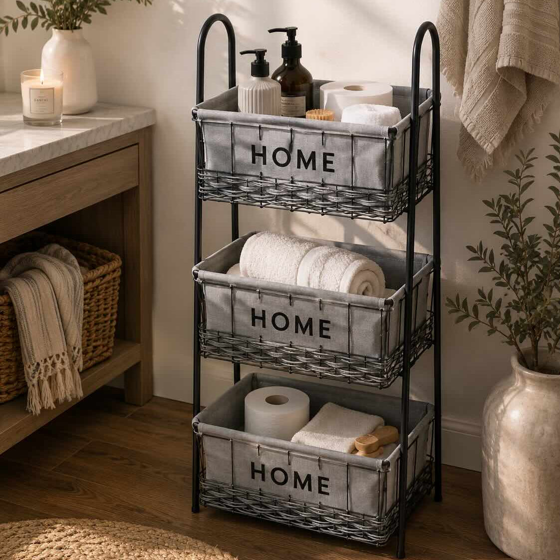 A three-tier black metal bathroom storage cart with gray fabric bins labeled 'HOME', styled in a warm bathroom setting with towels, toiletries, and plants.