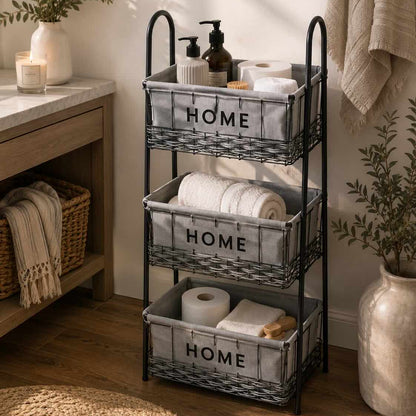 A three-tier black metal bathroom storage cart with gray fabric bins labeled 'HOME', styled in a warm bathroom setting with towels, toiletries, and plants.