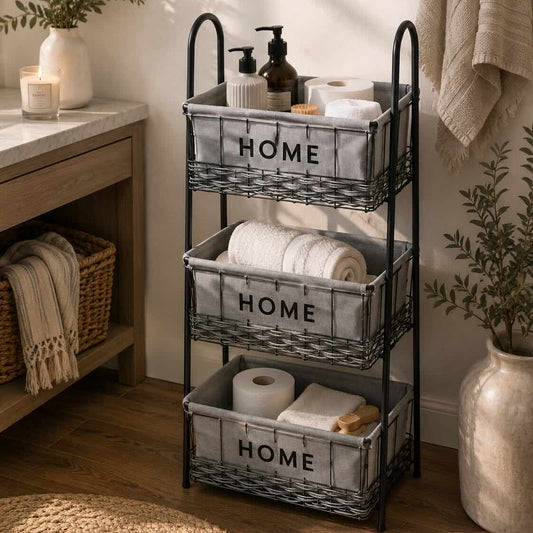 A three-tier black metal bathroom storage cart with gray fabric bins labeled 'HOME', styled in a warm bathroom setting with towels, toiletries, and plants.