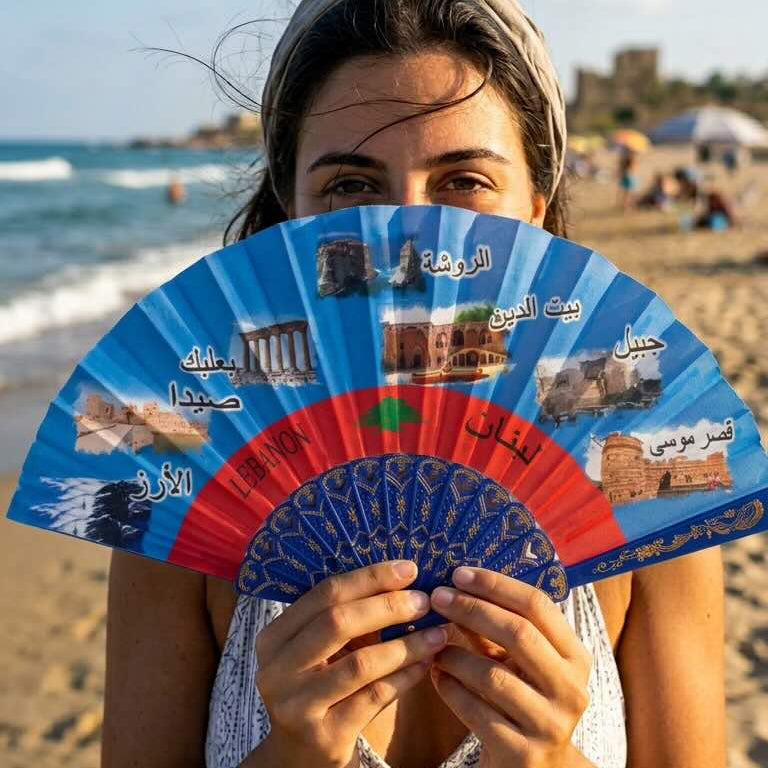 Woman holding a colorful fan with images on a beach