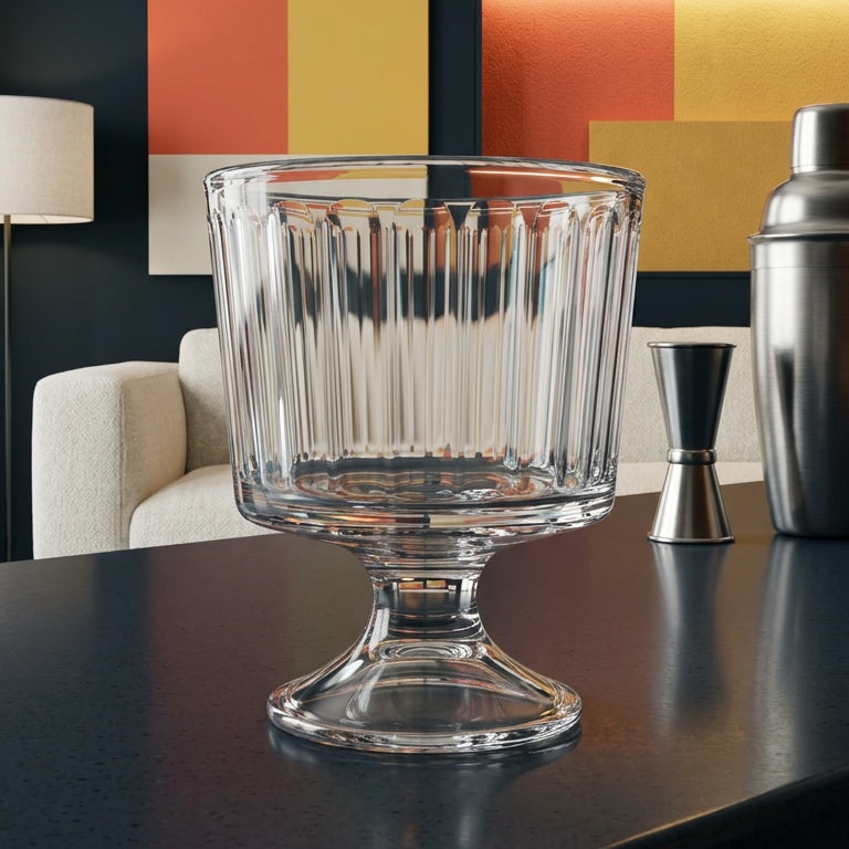 Clear glass vase on a dark surface with a colorful abstract painting in the background.
