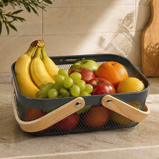 IKEA RISATORP - Metal Mesh Basket with Wooden Handles - GRAY