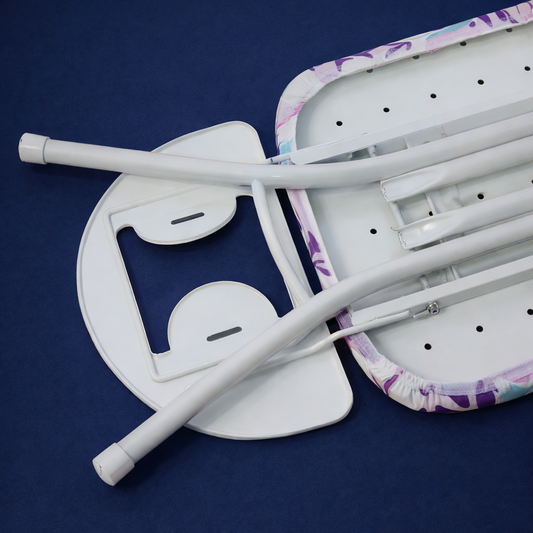 ironing board view from the back side, the metal detailing