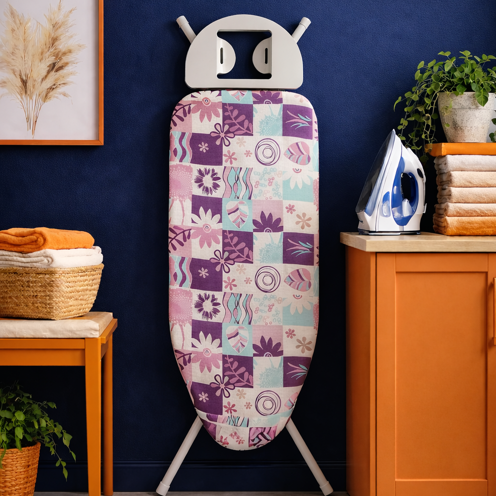 Decorative ironing board with a colorful pattern in a home setting.