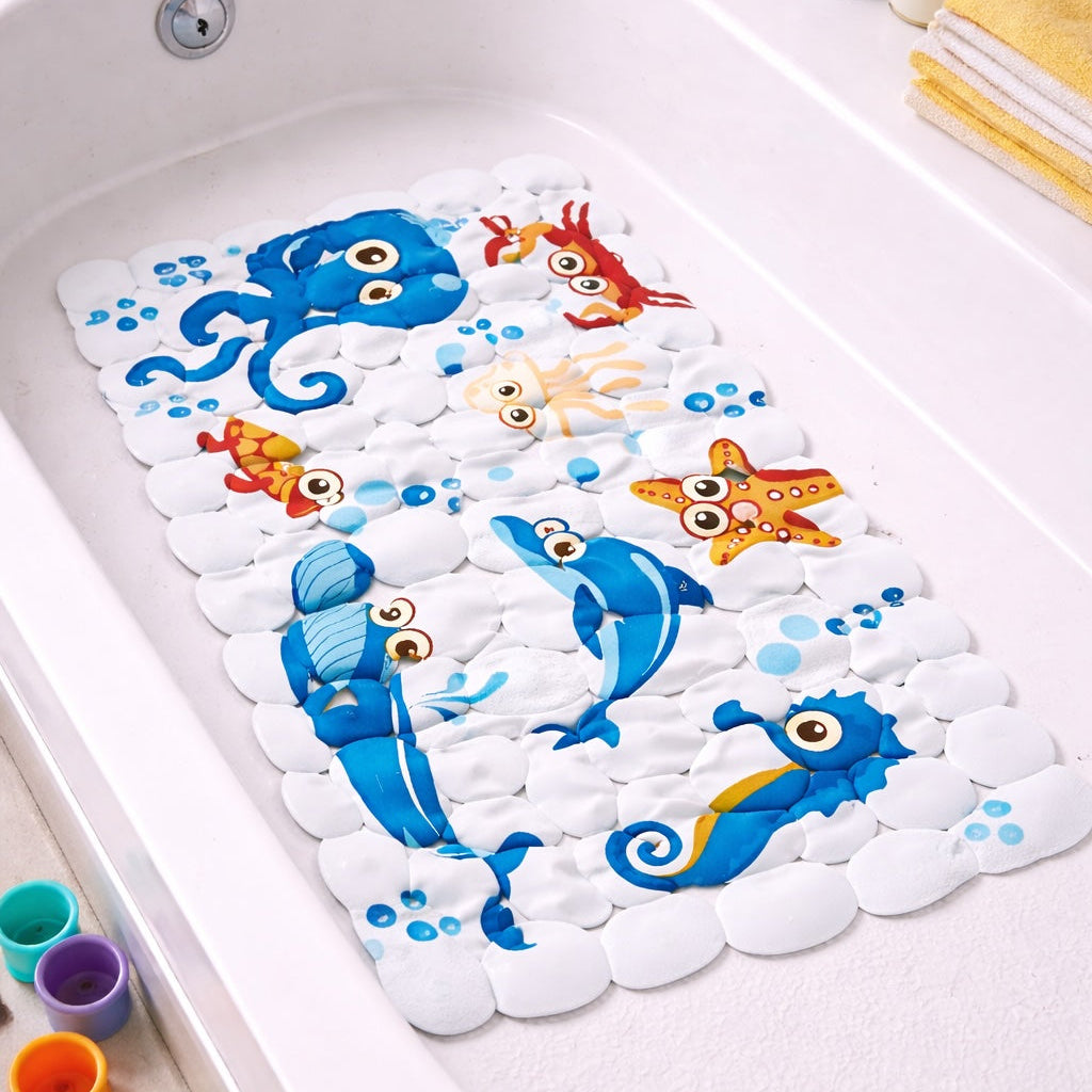 Colorful bath mat with sea creature designs on a bathtub.