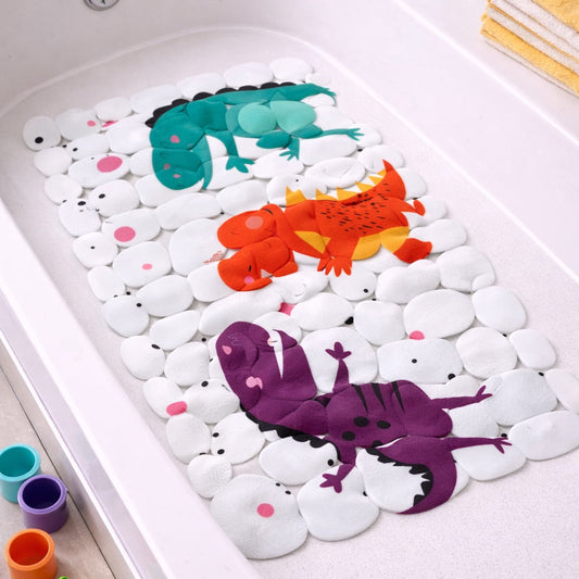 Bath mat with colorful frog designs in a bathtub