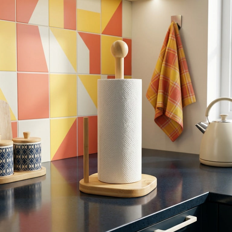 Kitchen counter with paper towel holder, colorful tiles, and a teapot.