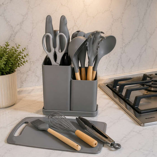 19-in-1 | Kitchen Utensil Set Made with Premium Silicone and Wood - Gray