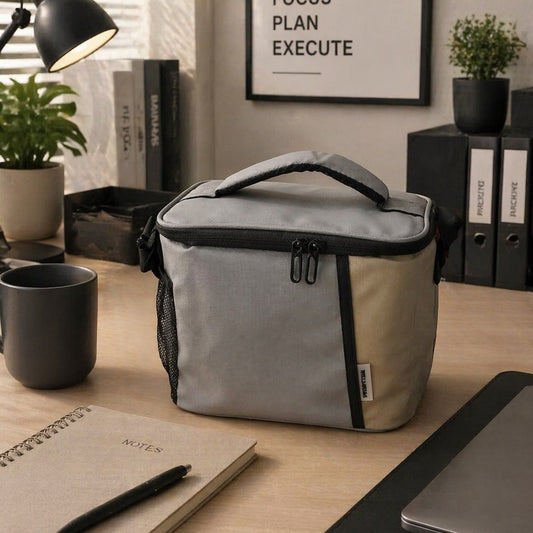 Gray and beige cooler bag on a desk with office items in the background