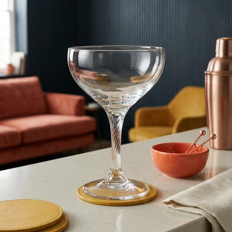Clear glass on a coaster with a cocktail shaker and bowl on a kitchen counter, dark blue wall in the background