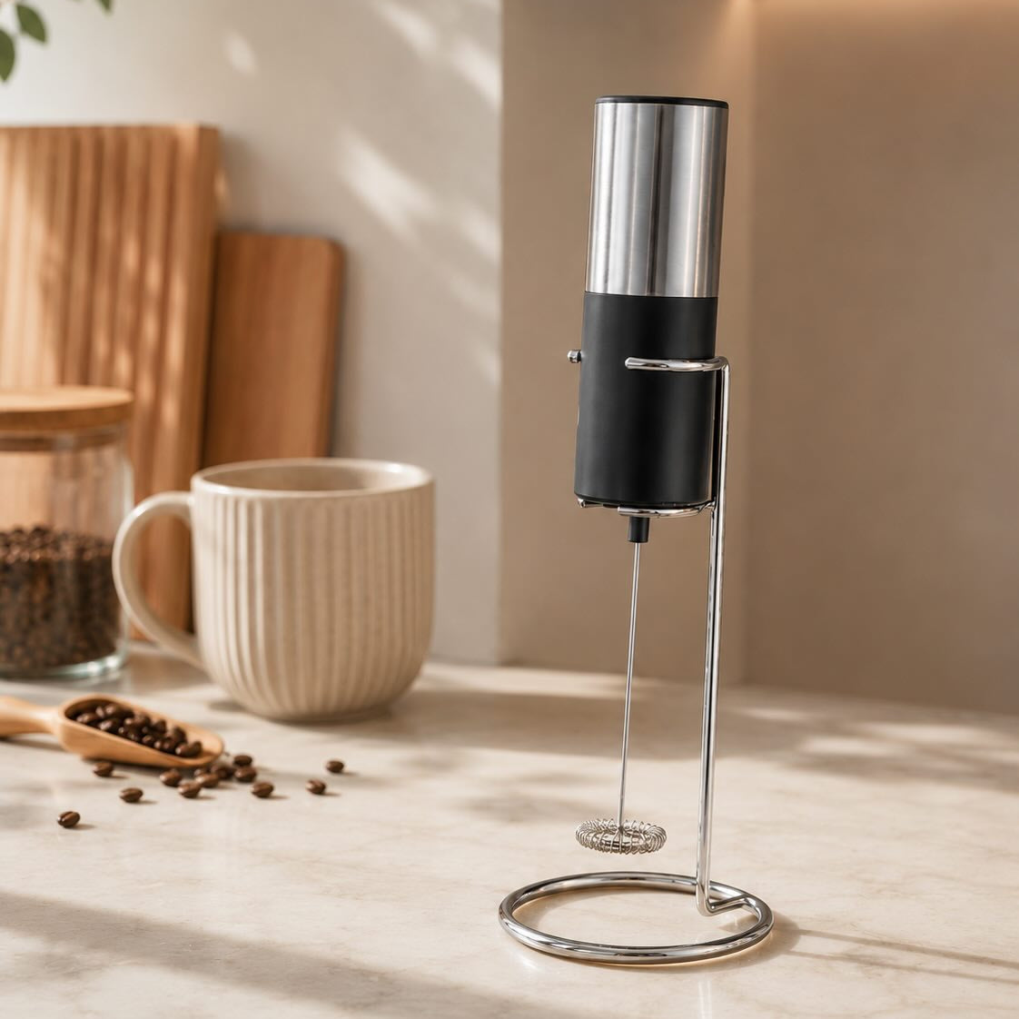 Electric Milk Frother with Stand | Handheld Coffee Foam Maker
