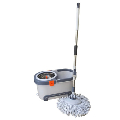 A cordless twist-mop cleaning set featuring a gray and white plastic bucket with a wringer, a long silver extendable handle, and a white microfiber round mop head, shown on a plain white background.
