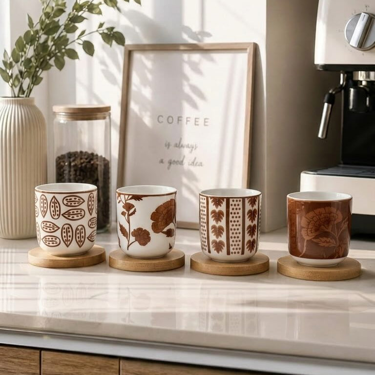 Coffee Cup with Bamboo Saucer – Modern Minimalist 4 Pcs Espresso Set - 100ml