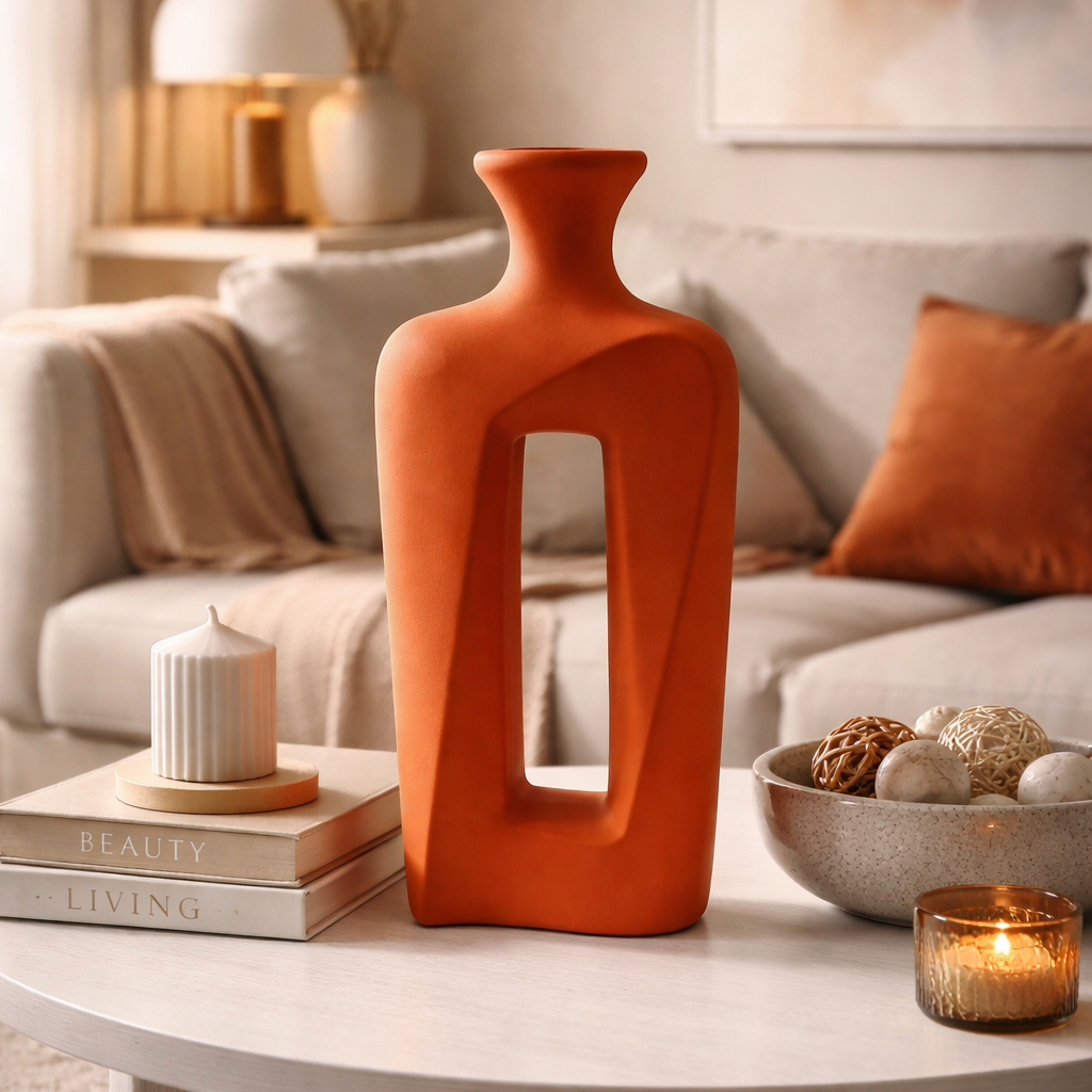 Orange abstract vase on a coffee table in a living room setting