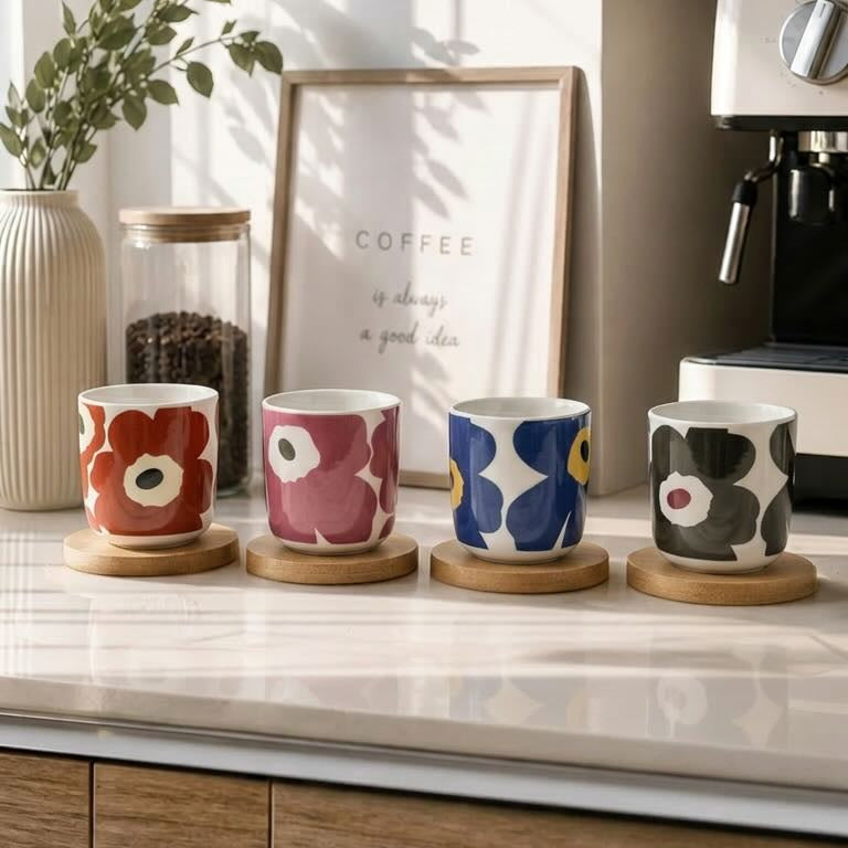 Coffee Cup with Bamboo Saucer – Modern Minimalist 4 Pcs Espresso Set - 100ml