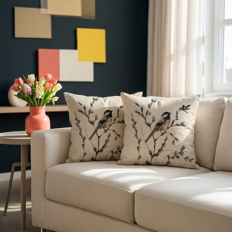 Beige sofa with decorative pillows in a living room setting.