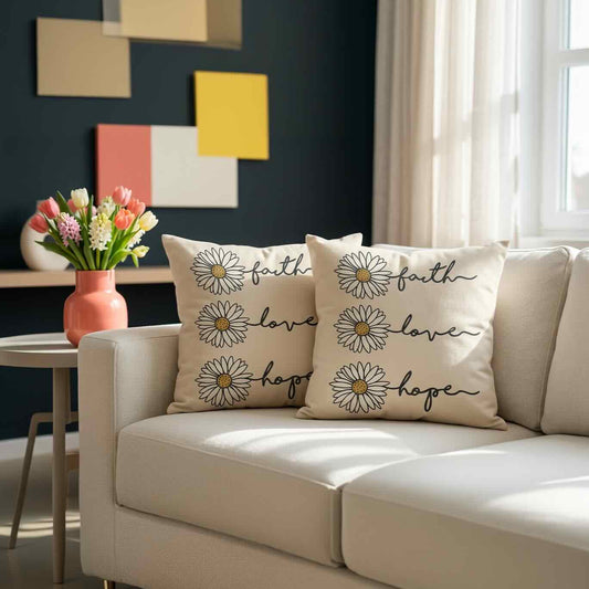 Beige sofa with decorative pillows in a living room setting