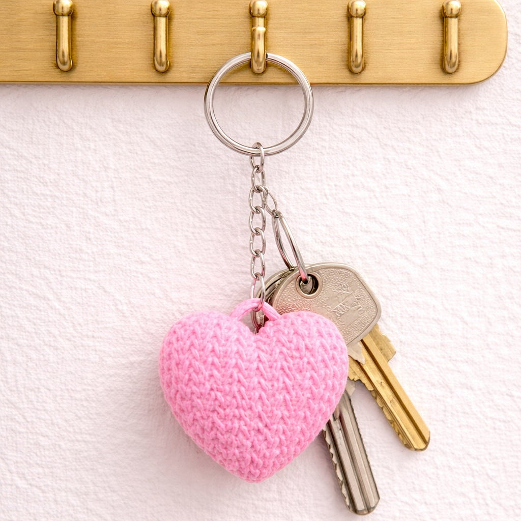 Pink heart-shaped keychain attached to a set of keys on a gold hook against a white background