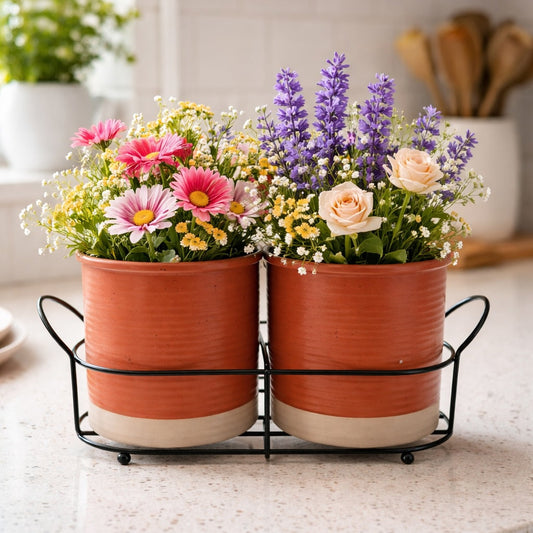 Double Ceramic Planter Set with Metal Stand – Modern Home Decor