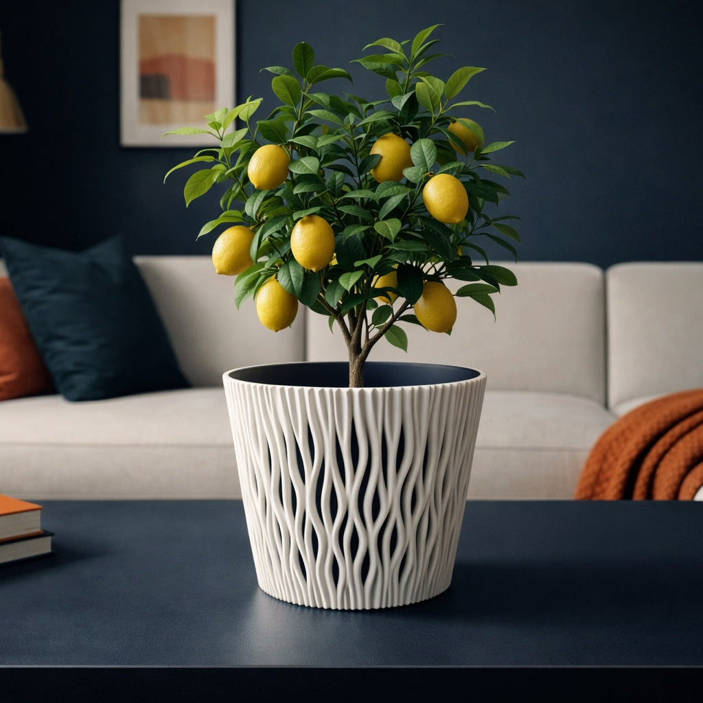 Potted plant with lemons on a coffee table in a living room setting