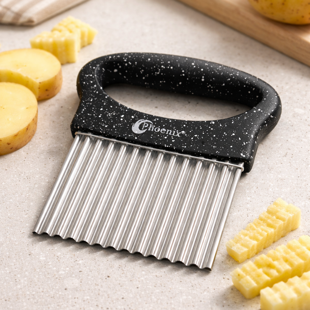 Black and silver potato peeler with 'Phoenix' branding on a light surface with potatoes.