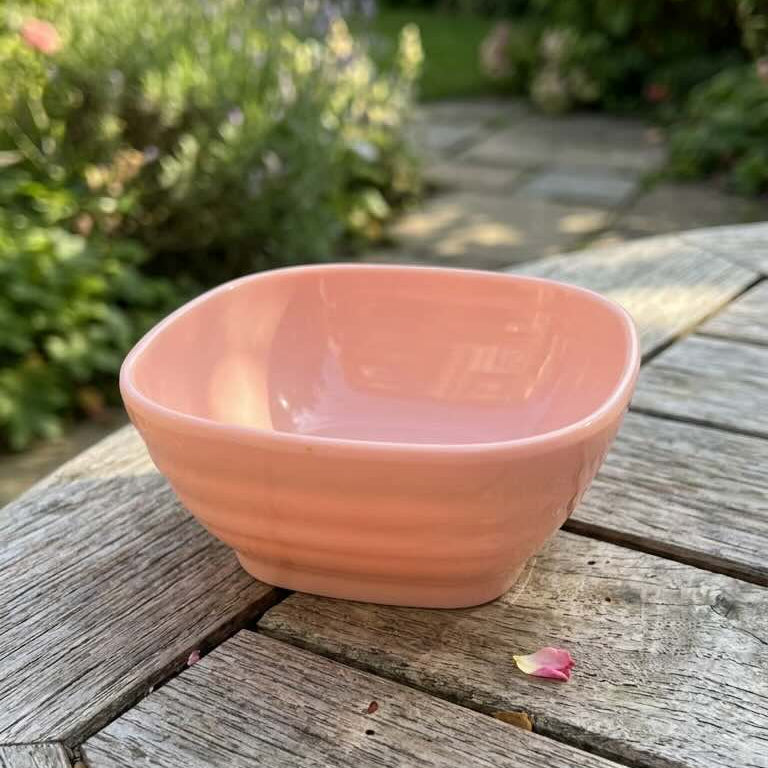 Pink plastic bowl on a wooden surface with a garden background