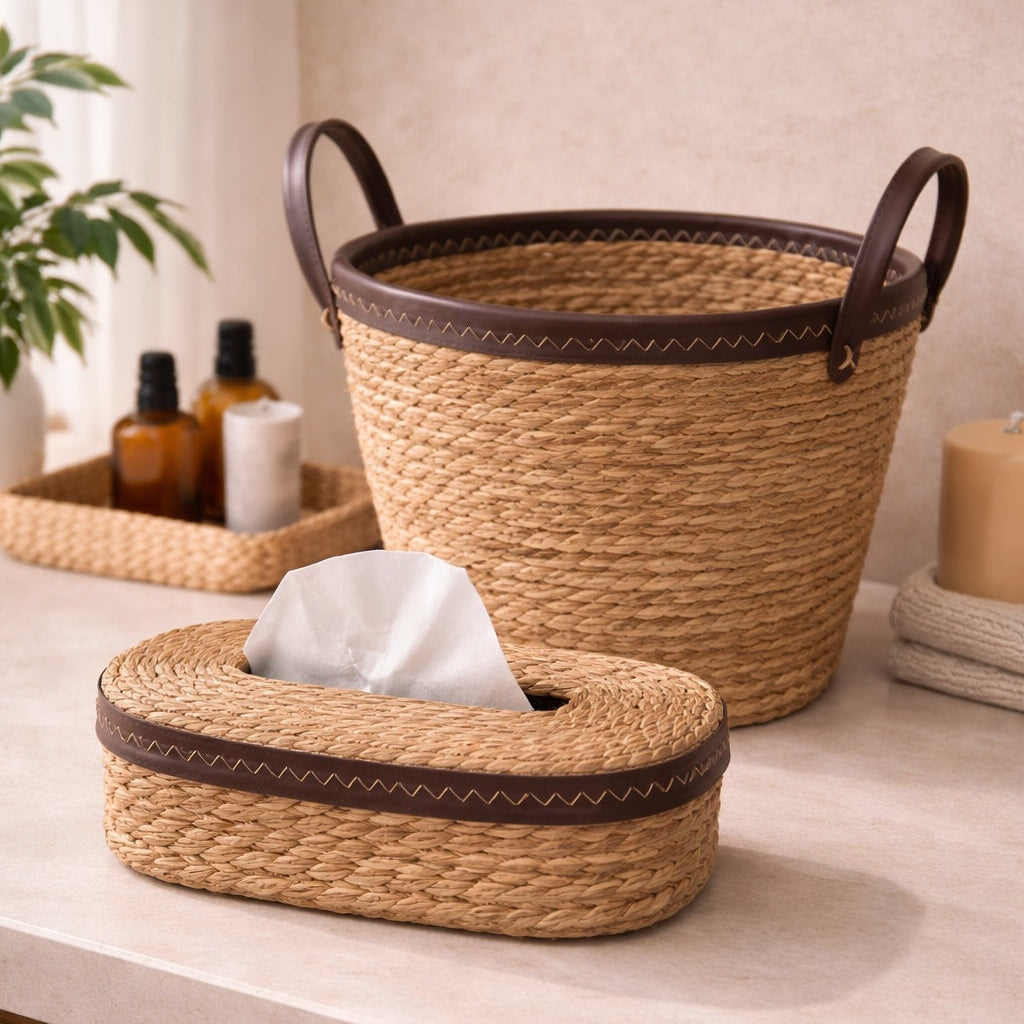 Woven baskets with handles on a countertop