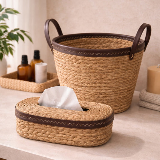 Woven baskets with handles on a countertop