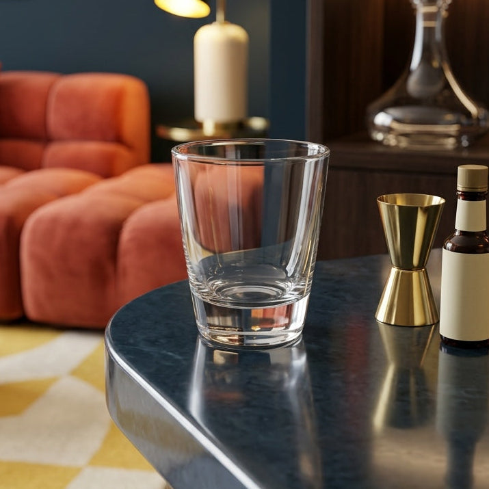 Clear glass on a dark surface with a red sofa and bookshelf in the background