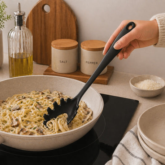 Person cooking pasta with mushrooms in a pan on a kitchen counter.