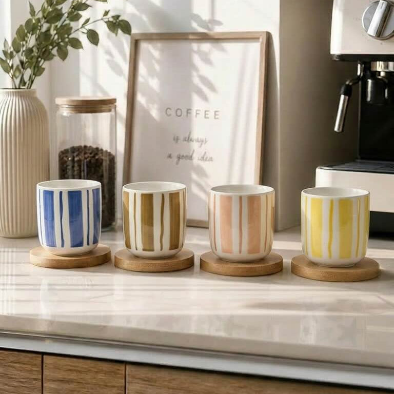 Coffee Cup with Bamboo Saucer – Modern Minimalist 4 Pcs Espresso Set - 100ml