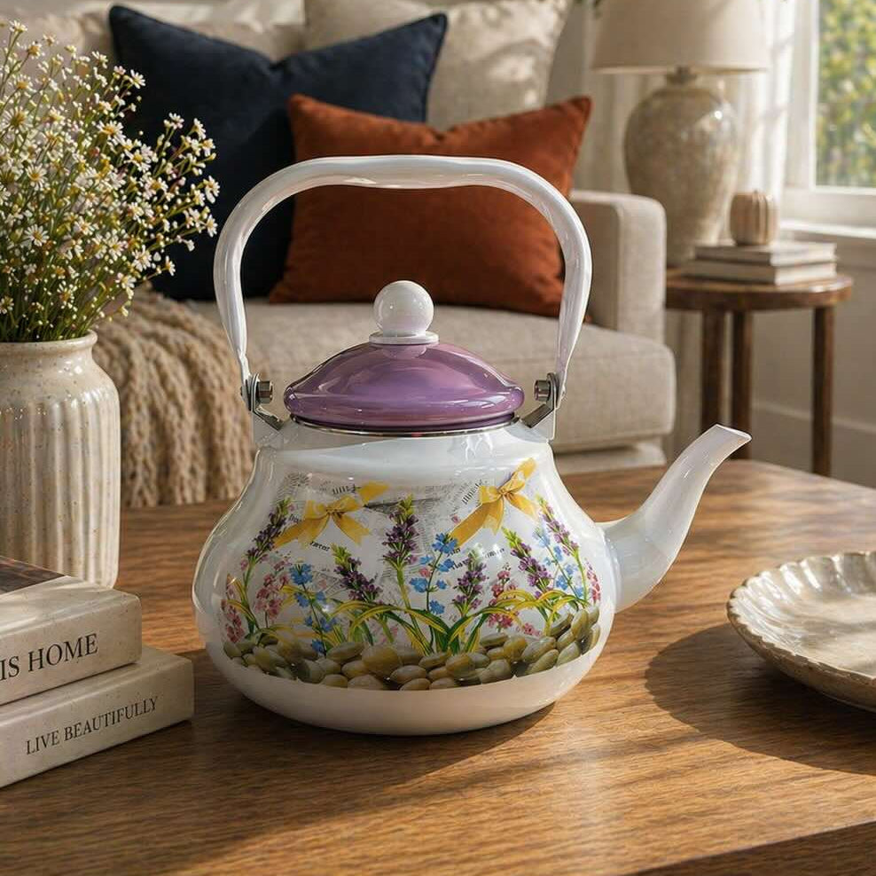 Floral Garden Tea Kettle – Decorative Enamel Teapot with Pastel Lid
