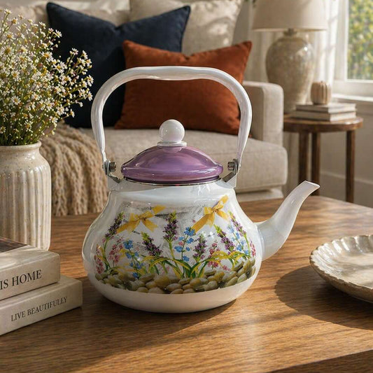 Floral Garden Tea Kettle – Decorative Enamel Teapot with Pastel Lid