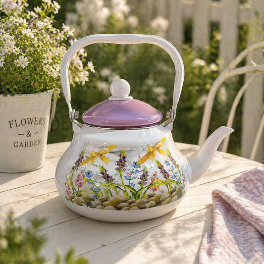 Floral Garden Tea Kettle – Decorative Enamel Teapot with Pastel Lid