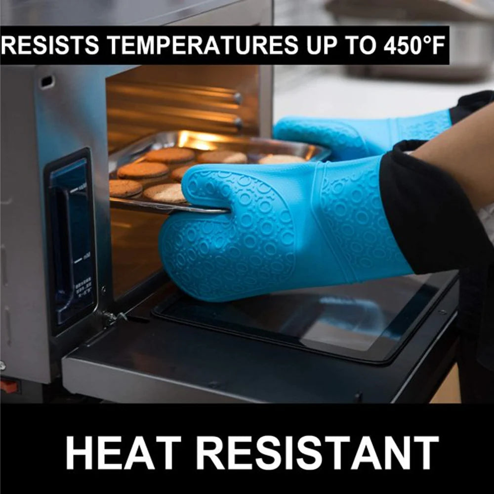 Blue Silicone Oven Gloves – Heat Resistant Extra Long