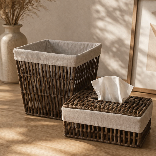 Woven Rattan Bin & Tissue Box Set – Storage & Organizer